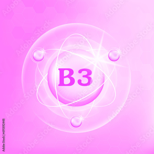 Vitamin B3 icon structure light pink purple, white . Medicine health symbol of thiamine. 3D Vector Illustration. Complex with chemical formula. Personal care, beauty. Drug business concept.	