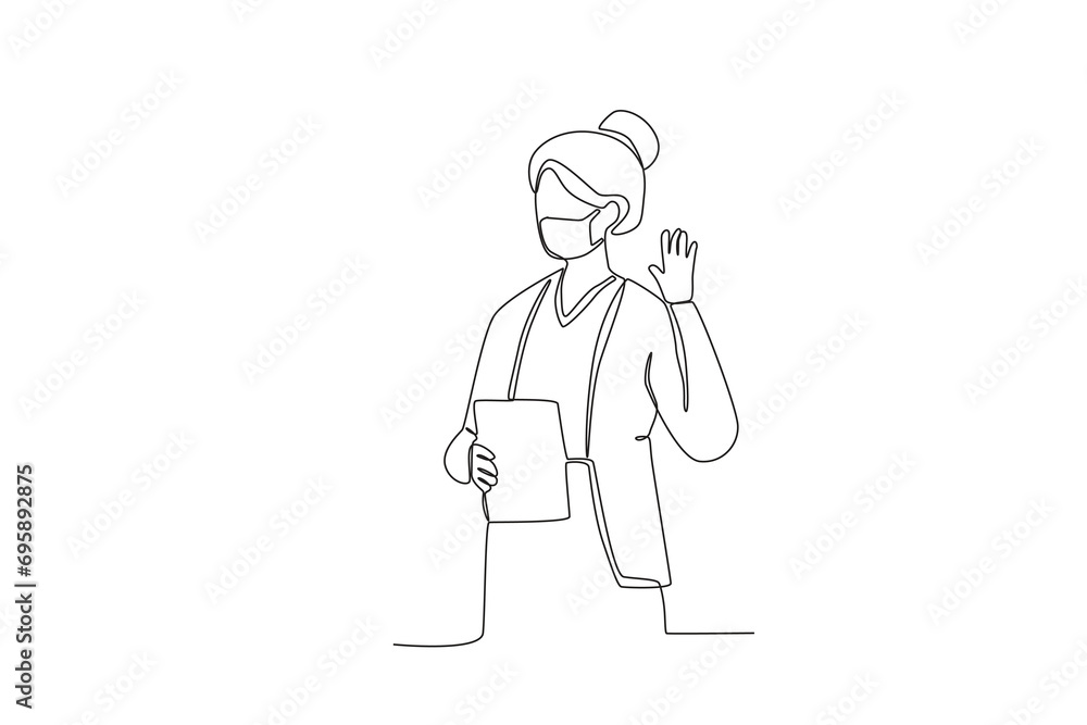 One continuous line drawing of Female teacher with mask greeting students. Hospital health care concept single line draw design vector illustration
One continuous line drawing of Female teacher with mask greeting students. Hospital health care concept single line draw design vector illustration