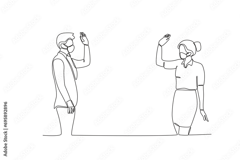 One continuous line drawing of Maintain distance in the office to prevent the spread of disease. Hospital health care concept single line draw design vector illustration
One continuous line drawing of Maintain distance in the office to prevent the spread of disease. Hospital health care concept single line draw design vector illustration