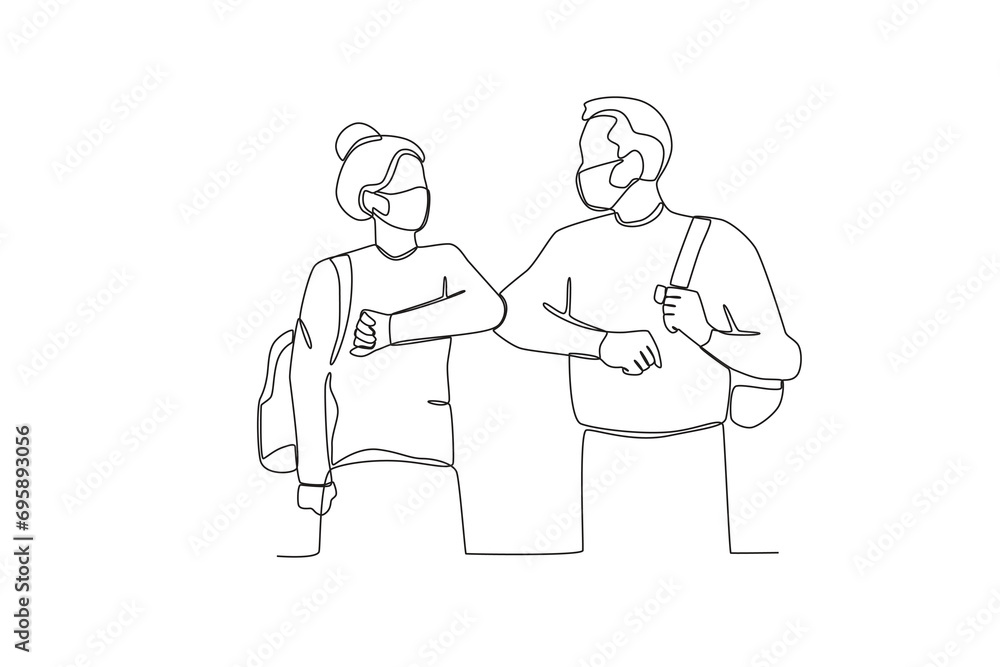 One continuous line drawing of Male and female students shake elbows to reduce the spread of disease. Hospital health care concept single line draw design vector illustration
