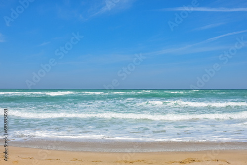 Nature landscape view of beautiful tropical beach and sea in sunny day. Beach sea space area. Text space.