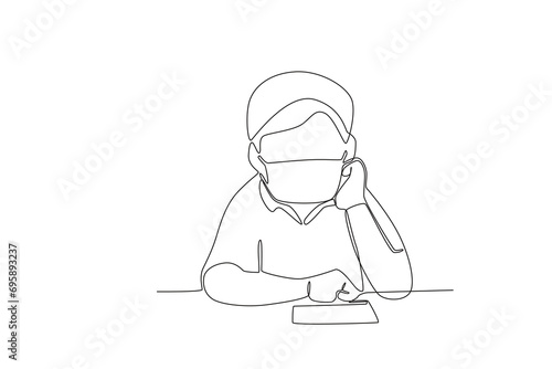 One continuous line drawing of Students wearing masks are studying. Hospital health care concept single line draw design vector illustration 