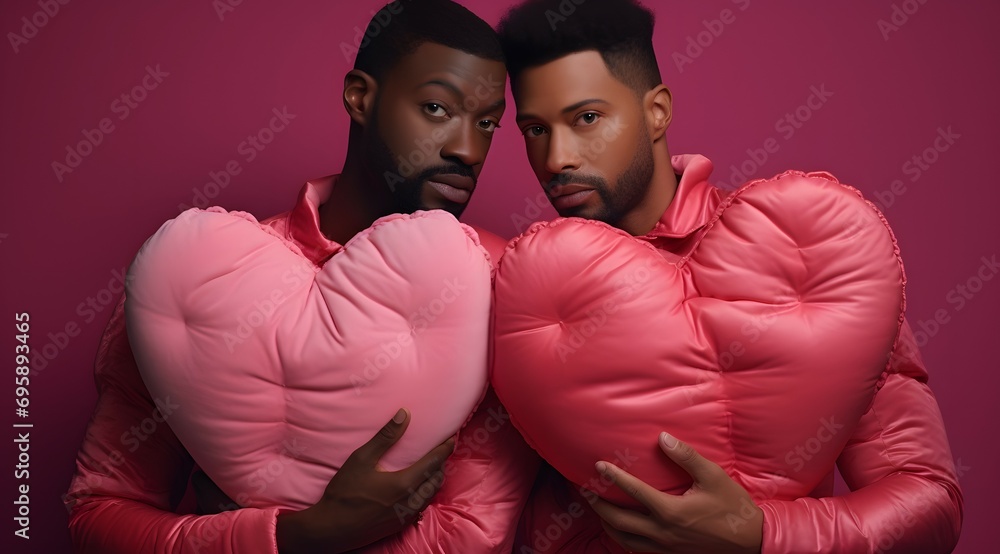 Obraz premium Vibrant Love - Gay Male Couple Holding Heart-Shaped Pillows