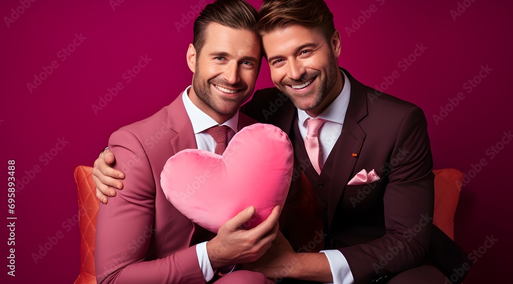 Vibrant Love - Gay Male Couple Holding Heart-Shaped Pillows