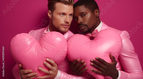 Vibrant Love - Gay Male Couple Holding Heart-Shaped Pillows © Rax Qiu