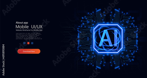 Artificial intelligence circuit line style. Futuristic microchip processor with lights on the blue background. Technology background. Motherboard digital chip. Vector illustration