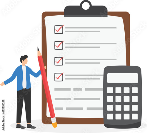 Project cost estimation, calculate budget or resources to finish work, financial plan, invoice or tax, expense or loan concept, businesswoman with calculator estimate cost from project document.


