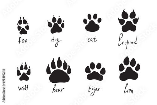 Animal paw prints set, vector different animals footprints. Dog fox wolf bear cat lion leopard tiger. Vector illustration