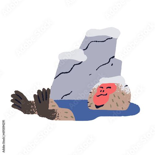 Japanese macaque rest at hot spring. Asian macaca swimming in pond. Cute snow monkey warms itself in water in winter. Happy primate, funny animal. Flat isolated vector illustration on white background