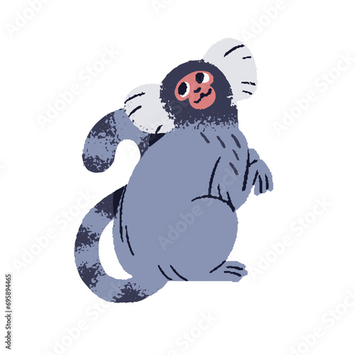 Common marmoset looking back. Cute tufted monkey sitting. Adorable small primate rests. Funny tropical animal with long tail. Forest inhabitant. Flat isolated vector illustration on white background