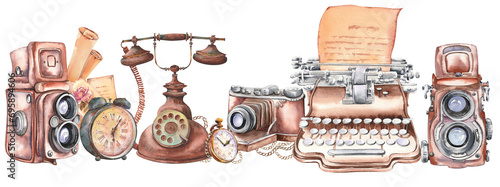 Vintage typewriter, cameras and telephone and pocket watch. Watercolor illustration. Panoramic horizontal border. photo