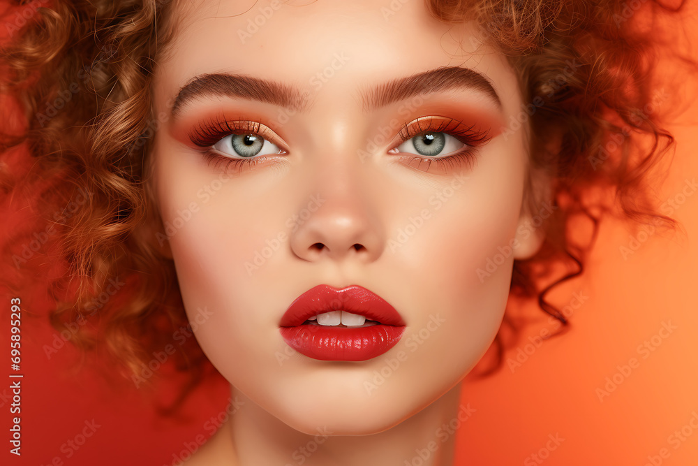 close up face t of charming young woman with bright make up and red lipstick isolated on peach fuzz background. close up face t of charming young woman with bright make up and red lipstick isolated on peach fuzz background.