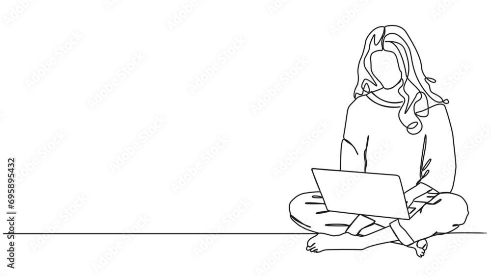 animated continuous single line drawing of woman sitting cross-legged on floor using laptop computer, line art animation animated continuous single line drawing of woman sitting cross-legged on floor using laptop computer, line art animation
