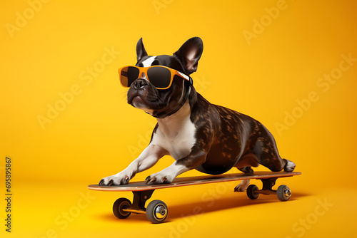 fashionable funny and creative dog in sunglasses on skateboard isolated on yellow background, summer sport background with active pet