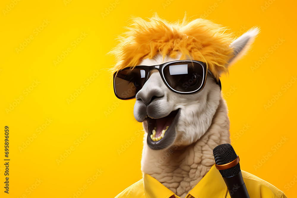 musical cool llama singing karaoke using a microphone on a yellow background