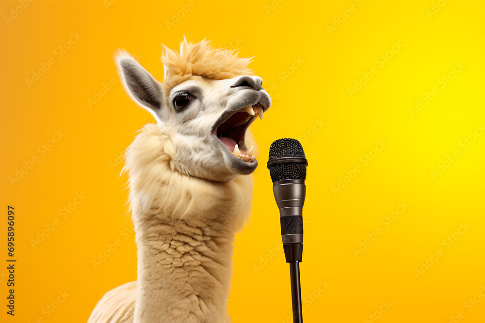 musical cool llama singing karaoke using a microphone on a yellow background - obrazy, fototapety, plakaty 
