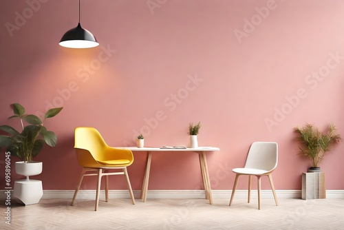 Modern interior with plastic chair. Wall mock up. 3d illustration.