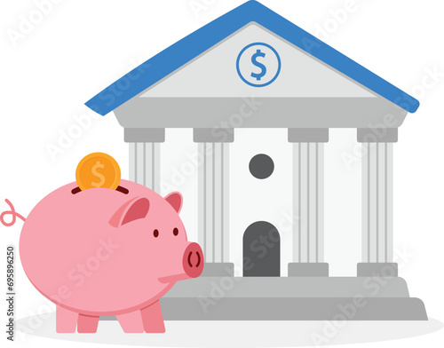 Bank building illustration with piggy bank symbol. Place to save money vector illustration

