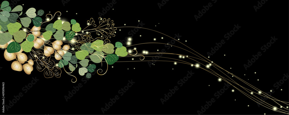 Vector golden leaves background. Golden botany banner. luxury abstract wavy floral art. Nature design texture, line illustration, foliage wallpaper.