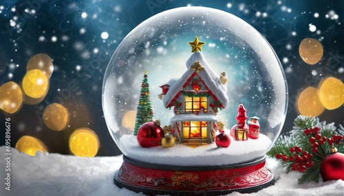 magical snow globe with christmas decorations created with generative ai technology