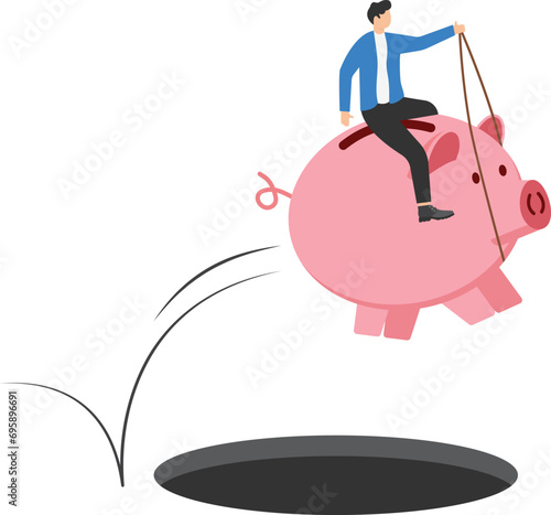 Financial risk, investment volatility or savings for wealthy retirement concept, bravely pink piggy bank jump through danger hole metaphor of surviving in financial crisis or economic recession.

