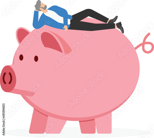 Pension plan for senior retiree, retirement savings fund, IRA, Roth or 401K, wealth management for elderly concept, happy elderly old man relax lay down on wealthy piggy bank pension fund.


