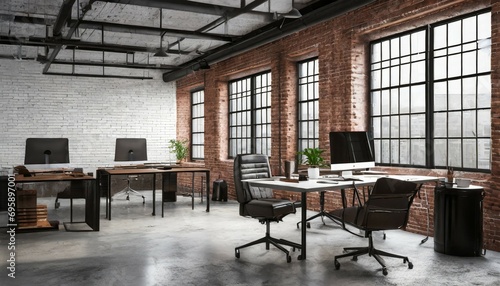 industrial loft style office 3d render there are white brick wall polished concrete floor and black steel structure furnished with dark brown and black leather furniture