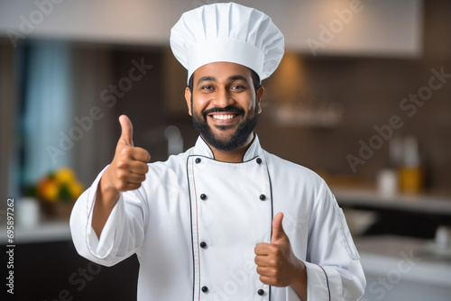 young indian chef showing thumbs up photo