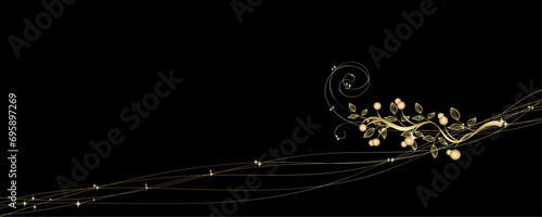 Golden botany banner. Hand drawn vector . Line art style design holiday card. Golden luxury glitter background. Festive vector background with gold glitter and confetti for celebration. 