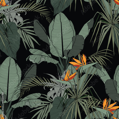 Seamless tropical pattern with line leaves, flowers and plants. Seamless exotic pattern with tropical plants. Exotic wallpaper. Trendy summer Hawaii print.