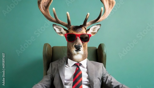 trendy christmas rudolph deer with sunglasses and business suit sitting like a boss in chair creative animal concept banner pastel teal green background