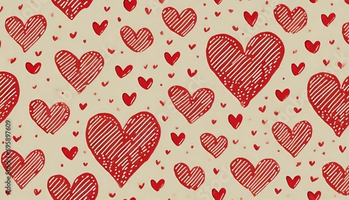 little red hand drawn hearts pattern on beige background