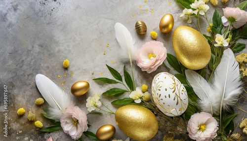 happy easter concept with golden easter eggs feathers and spring flowers easter background with copy space flat lay