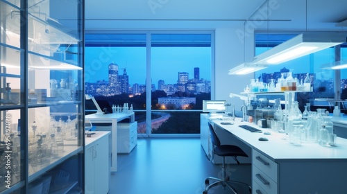 A laboratory with a view of a city.