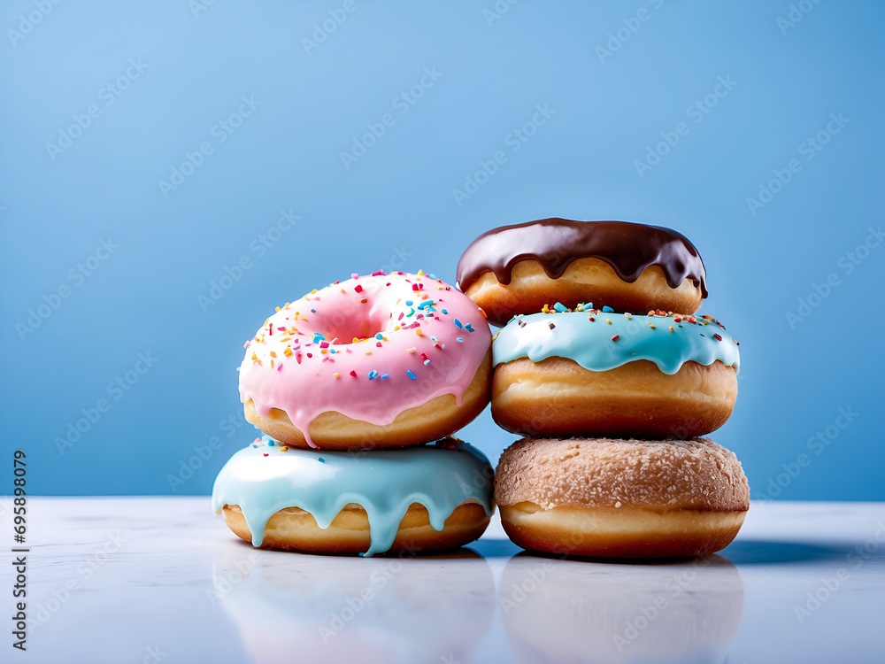 A stack of fresh doughnuts with colourful glazing and sprinkle decorations A stack of fresh doughnuts with colourful glazing and sprinkle decorations