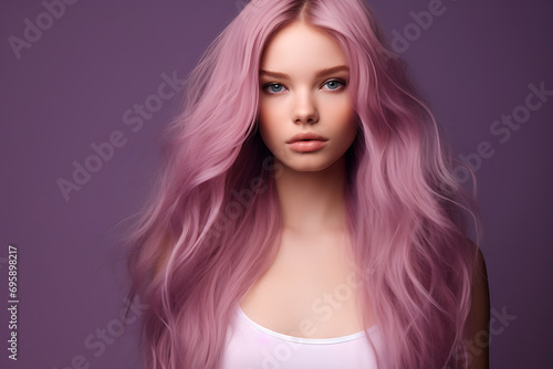 portrait of a young woman with pink long hair isolated on a purple background