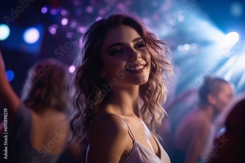 Portrait of party girl dancing in the nightclub with glowing multi-colored lights. Disco woman with curly hairstyle, modern outfit. Amazing style.
