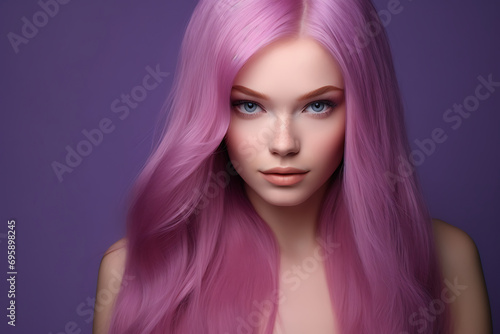 portrait of a young woman with pink long hair isolated on a purple background
