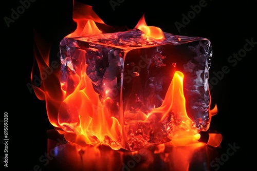Burning ice cube with fire flames isolated on black background animation
