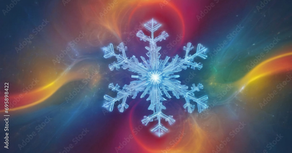 The image depicts a beautifully detailed snowflake against a colorful, bokeh background. The snowflake exhibits intricate, symmetrical patterns and appears to be made of ice or crystal.