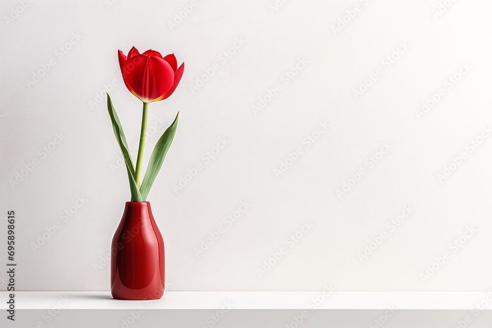 Single red tulip in a sleek vase against a clean white backdrop. Minimalist elegance. Valentine's Day simplicity. Minimalistic design for banner, backdrop, card with free space for text Single red tulip in a sleek vase against a clean white backdrop. Minimalist elegance. Valentine's Day simplicity. Minimalistic design for banner, backdrop, card with free space for text