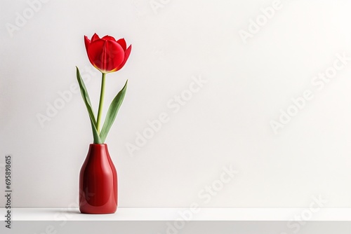 Single red tulip in a sleek vase against a clean white backdrop. Minimalist elegance. Valentine's Day simplicity. Minimalistic design for banner, backdrop, card with free space for text #695898615