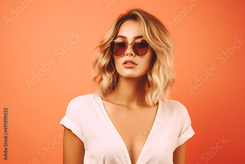 portrait of fashionable young woman wearing a sunglasses and summer clothing isolated on peach fuzz background