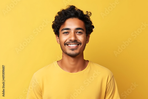 portrait of happy and charming young indian man isolated on light yellow background