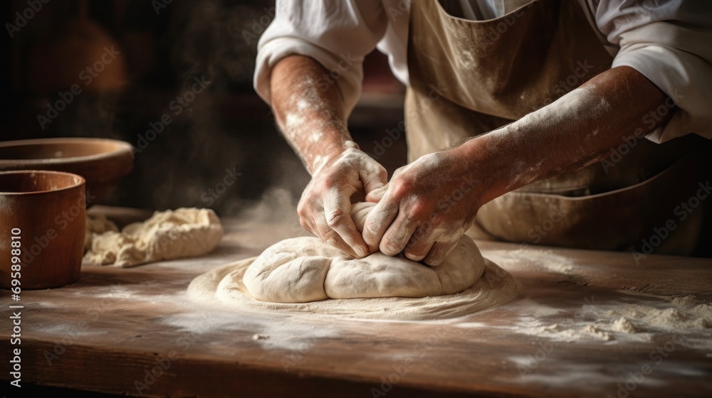 Close-up of a baker's hands kneading dough on wooden table