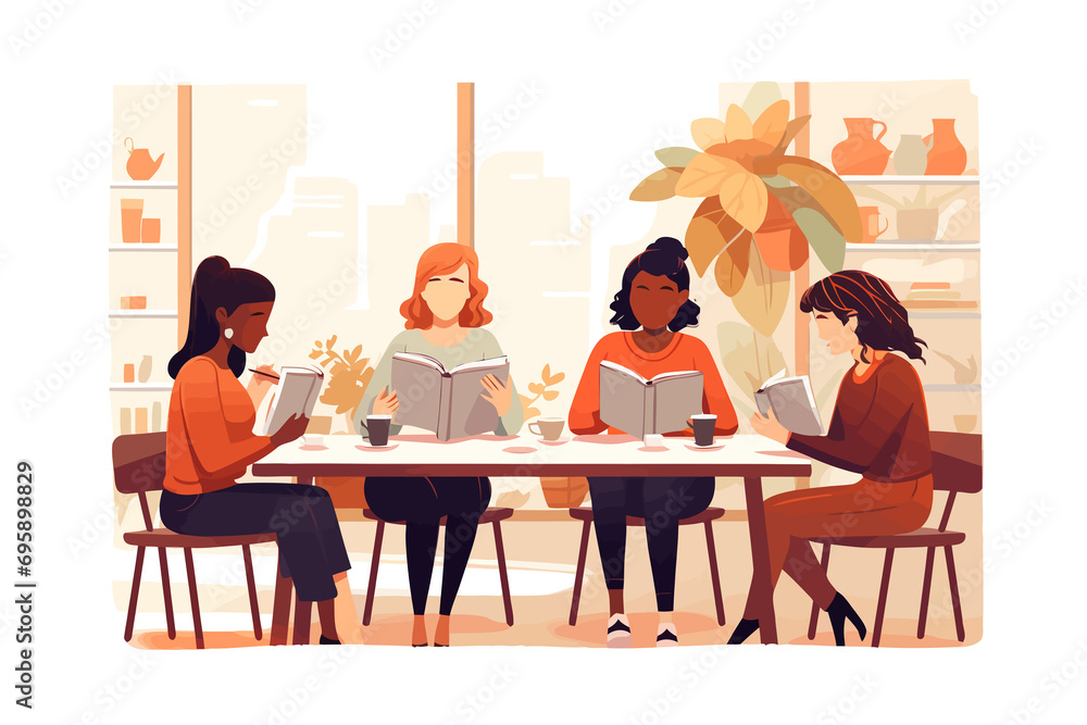 Cafe Book Club Discussion on Contemporary Literature isolated vector style illustration