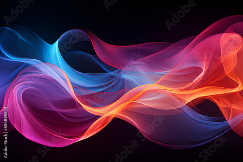 Pink orange blue purple coloured abstract delicate and air wavy lines in motion in front of black background. 