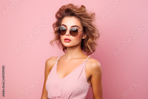 Summer portrait of a beautiful young woman in sunglasses and stylish dress isolated on a light pink background.