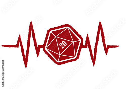 Vector medical pulse red line with symbol of 20 double sided cubes. Board Games. White background.