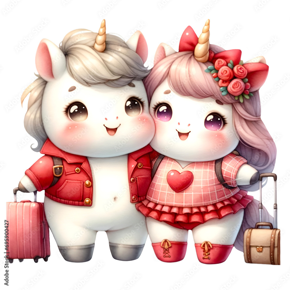 Watercolor illustration of a cute chubby unicorn couple character celebrating Valentine's Day and going on a lovely trip with luggage and bags.